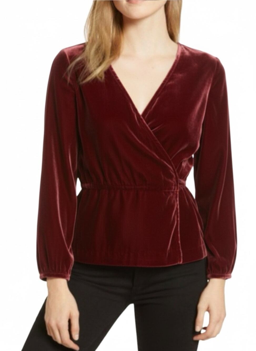 J CREW Women’s Burgundy Faux Wrap Velvet 3/4 Sleeve Top